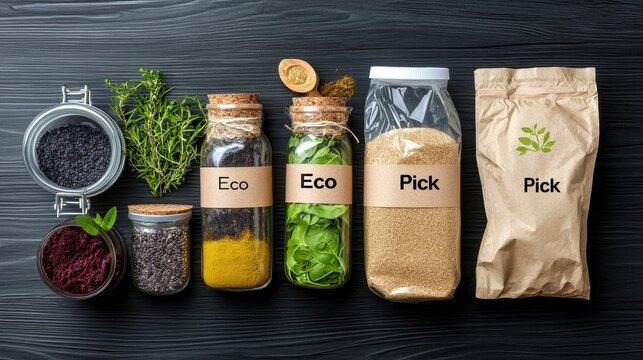 A flat lay of various organic food items including herbs, spices, seeds, and powders, stored in eco-friendly containers.