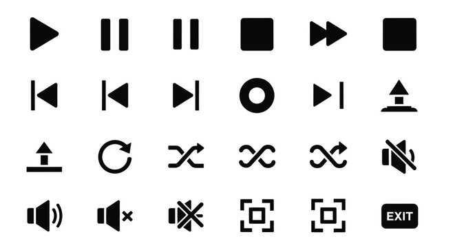 Collection of black media player and control icons on a white background