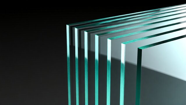 Industrial aesthetic with a stack of transparent glass panes. An elegant and minimalist abstract design with geometric lines and a smooth gradient on a black backdrop