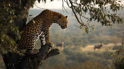 Realistic photo of a jaguar perched on a high tree branch