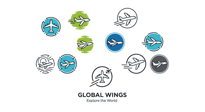 Collection of Airplane Logos with Global Wings Theme for Travel and Aviation. - Powered by Adobe