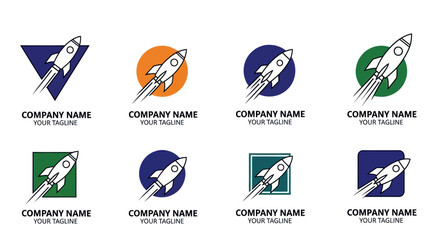 Collection of Rocket Launch Logos with Various Geometric Backgrounds.