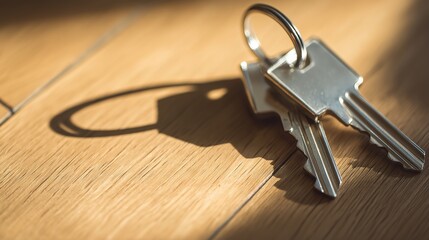 doorframe. Shiny metal house keys on a wooden surface, symbolizing property transfer in warm light. pitch deck slides.