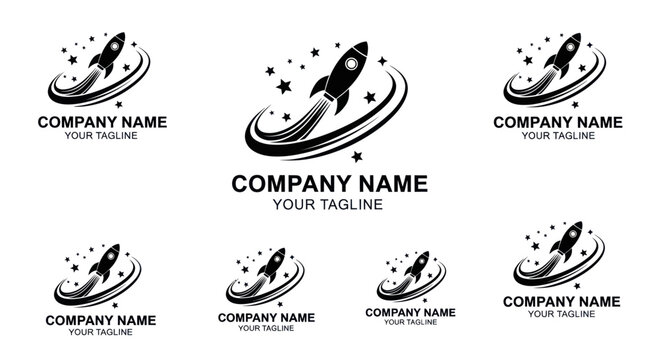 Collection of black rocket ship logo templates for business.