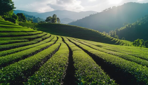 A beautiful time lapse showing the sun rising over terraced green tea fields in a mountainous landscape
