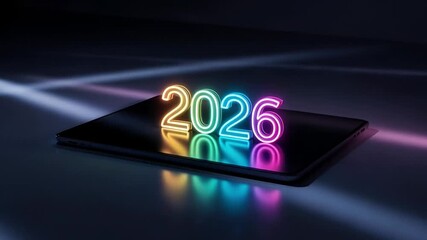 Glow of 2026 new year on tablet screen casts futuristic light showing technology innovation and vibrant reflections in sleek modern style - Powered by Adobe