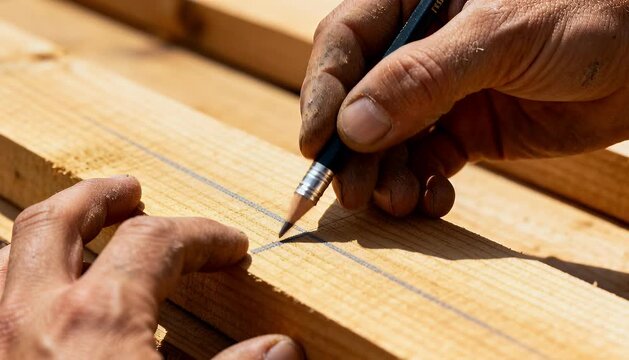 Carpenter hands measuring and marking wood with pencil