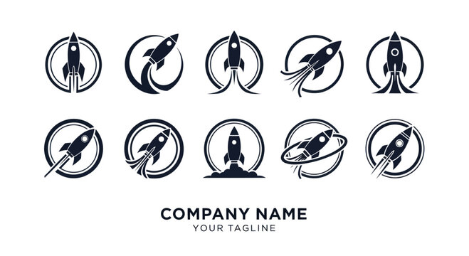 Collection of modern rocket launch vector logo designs for startups.