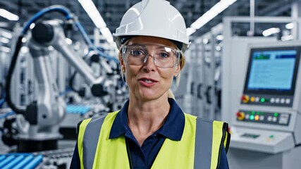 A confident chief engineer, dressed in safety gear, stands firmly in front of industrial machinery, embodying expertise and professionalism, as she oversees innovative technological advancements.