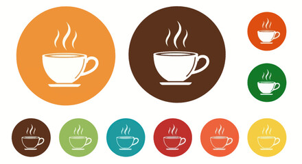 Collection of coffee cup icons in various colors and sizes.