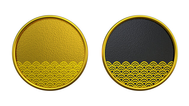 青海波に豪華な金色の円形フレーム付きの和風3D素材セット (金・黒) - 年賀状、お正月、伝統的な背景デザインに	
