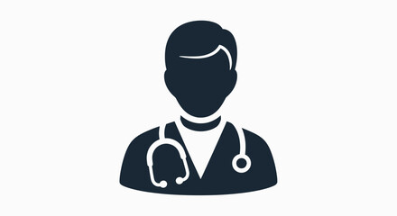 Simple black silhouette icon representing a male doctor, physician, or general practitioner with a stethoscope.