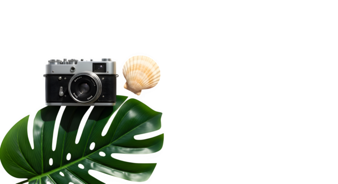 Vintage camera with seashell on monstera leaf isolated on transparent background for summer