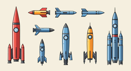 A collection of colorful cartoon rockets, missiles, and spaceships in various designs and sizes.