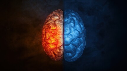hemisphere. Split human brain illustration contrasting creative and logical sides with warm and cool colors. wellbeing guides, coaching materials, designed for coaching and self-improvement content.