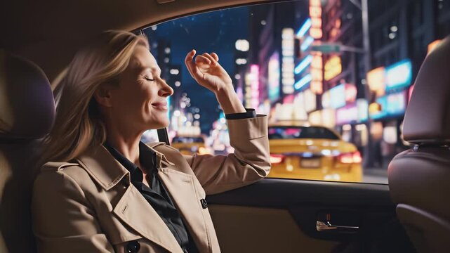 A blonde woman sits behind the wheel of her vehicle, lost in thought as she gazes out at the bustling cityscape unfolding before her, perfectly encapsulating the daily routine and urban life.