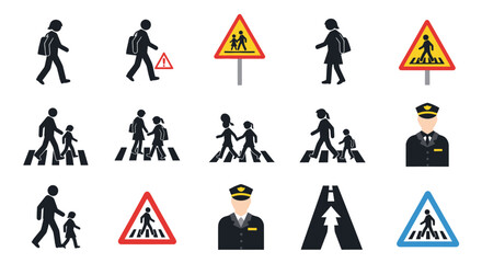 A collection of pedestrian safety icons including people walking, adults with children, school zone signs, crosswalk signs, and traffic police.