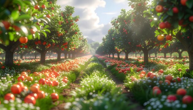 Time lapse of a vibrant fruit orchard flourishing under the golden sun, showcasing bountiful harvest and natural beauty in a serene agricultural landscape, evoking a sense of growth and abundance