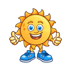 Cheerful cartoon sun character with a smiling face and wearing blue sneakers illustration
