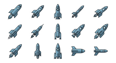 Collection of cartoon rocket ships in various designs and angles.