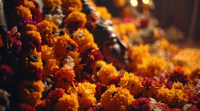 Shiva indian culture Hindu deity immersion in Marigold flower offerings