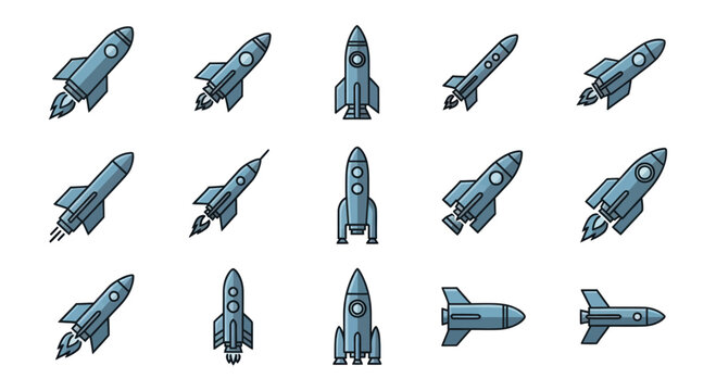 Collection of cartoon rocket ships in various designs and angles.