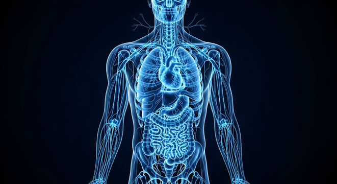 Digital illustration of full human anatomy in glowing blue showing nerves muscles organs and skeleta 94464829 1