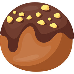 Round chocolate donut with glossy chocolate icing and chopped nuts isolated on white background with no shadow