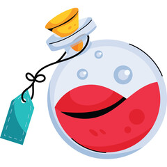 Round Glass Potion Bottle Filled With Red Liquid and Attached Turquoise Tag on Transparent Background