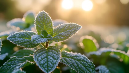 Capturing a Time lapse of nature's delicate transition, where sun-kissed frost adorns vibrant mint leaves, evoking the magical glow of a crisp morning