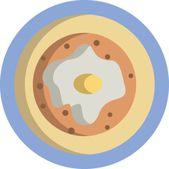 Round Plate With A Circular Food Item And A Single Egg In The Center With Blue Rim Detail And A Yellow Outer Ring
