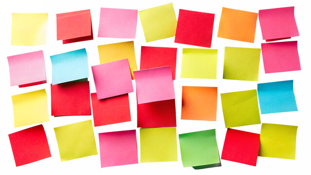 Colorful sticky notes scattered on a white surface, isolated on transparent background