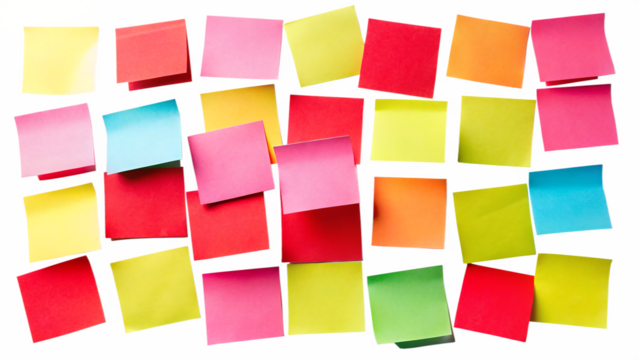 Colorful sticky notes scattered on a white surface, isolated on transparent background