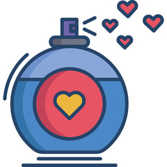 Round Blue Perfume Bottle with Heart Symbol and Red Spray Emitting Small Red Hearts on a Light Blue Base with Transparent Background
