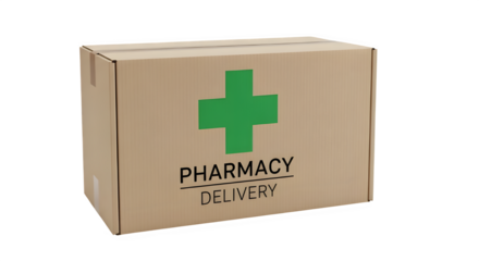 Cardboard box with green cross and pharmacy delivery text isolated on transparent background