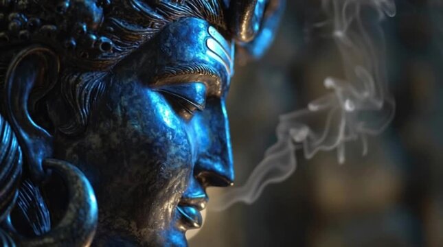 Majestic Lord Shiva indian culture statue close up with incense smoke