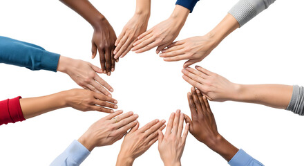 Diverse hands in unity, symbolizing teamwork and collaboration. Reaching out with a strong message of connection and support, isolated on transparent background