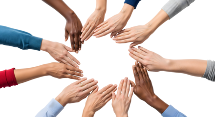 Diverse hands in unity, symbolizing teamwork and collaboration. Reaching out with a strong message of connection and support, isolated on transparent background