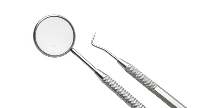 Dental mirror and explorer isolated on transparent background for oral hygiene tools