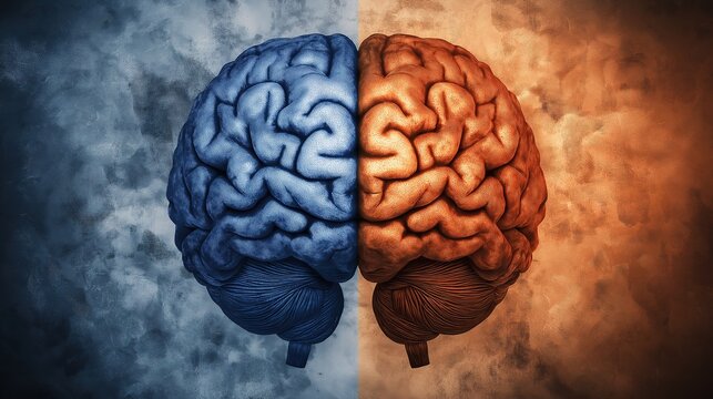 hemisphere. Split human brain illustration contrasting creative and logical sides with warm and cool colors. wellbeing guides, coaching materials, designed for coaching and self-improvement content.