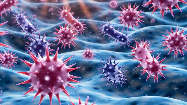 Detailed visualization of microscopic bacteria on wavy surface with vibrant colors and textures