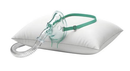 Oxygen mask on white pillow, isolated on transparent background, symbolizing respiratory therapy