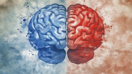 hemisphere. Split human brain illustration contrasting creative and logical sides with warm and cool colors. wellbeing guides, coaching materials, designed for coaching and self-improvement content.