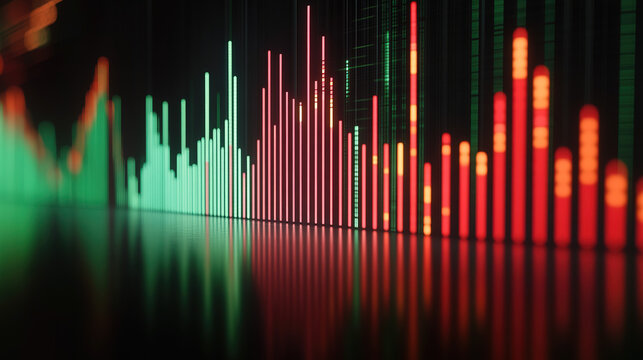 Red and green financial bars arranged like a rhythm wave, symbolizing market harmony and profit movement.