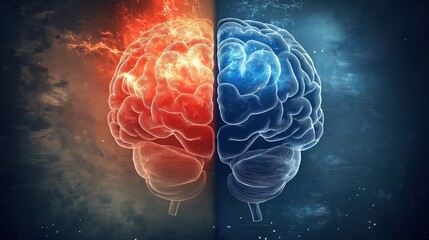 hemisphere. Split human brain illustration contrasting creative and logical sides with warm and cool colors. wellbeing guides, coaching materials, designed for coaching and self-improvement content.
