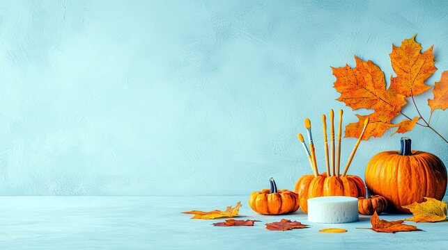 A festive autumn still life arrangement featuring pumpkins, vibrant fall leaves, and art supplies on a light blue surface.
