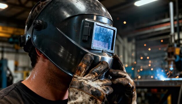 Welder adjusting protective helmet in industrial workshop