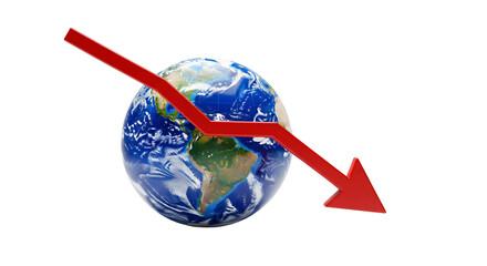 A world globe with a downward arrow symbolizing decline, isolated on transparent background