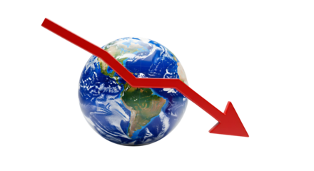 A world globe with a downward arrow symbolizing decline, isolated on transparent background