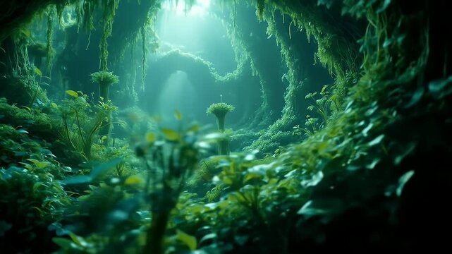Mystical green cave full of vegetation with light coming from the entrance, background